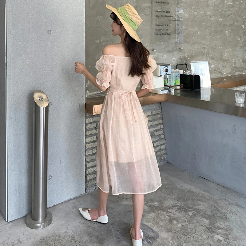 

Midi Apricot Women Vintage Dress Summer Elegant Runway 2020 Korean Party Night Dress Beach Vacation Fashion Chlothes
