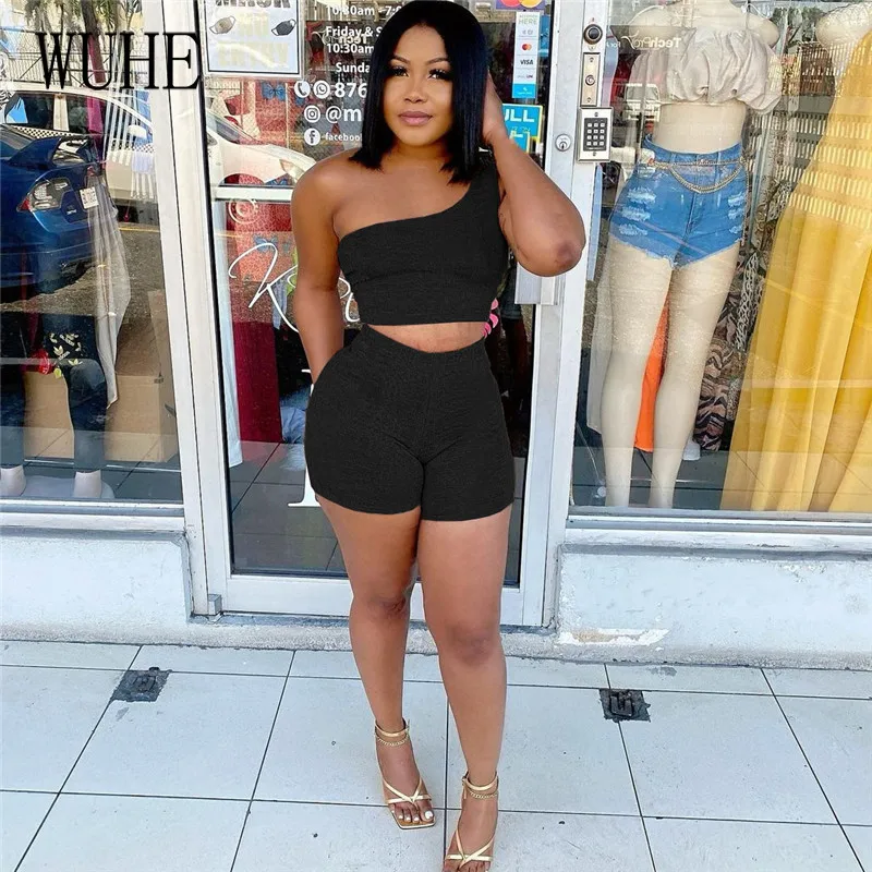 

WUHE Joggers Sports Fitness Outfits One Shoulder Sleeveless Tanks Top+tight Short Pants Casual Elegant Women Summer Party Club