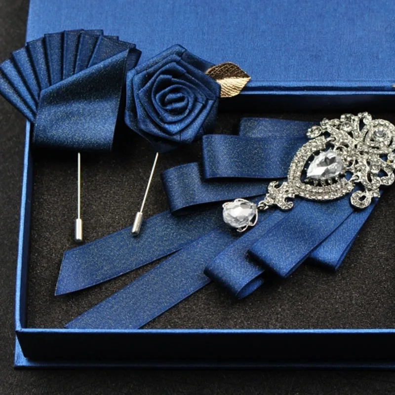 Blue set 1 Высококлассный Модный бриллиантовый галстук-бабочка Женихи мужские свадебные аксессуары для воротника Галстуки Роза брошь карманное полотенце квадратный набор подарки для мужчин - Цвет: Blue set 1