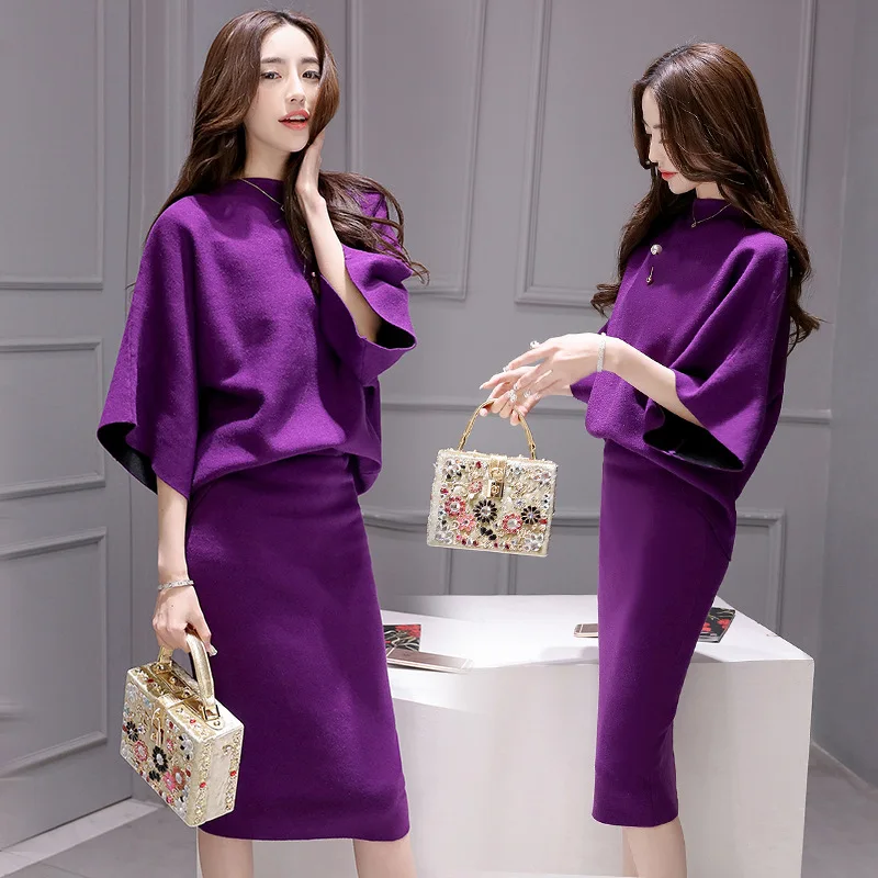 

New Autumn Winter handmade crochet knit sweater and long sections package hip skirt suit women fashion knit suits 2 piece sets