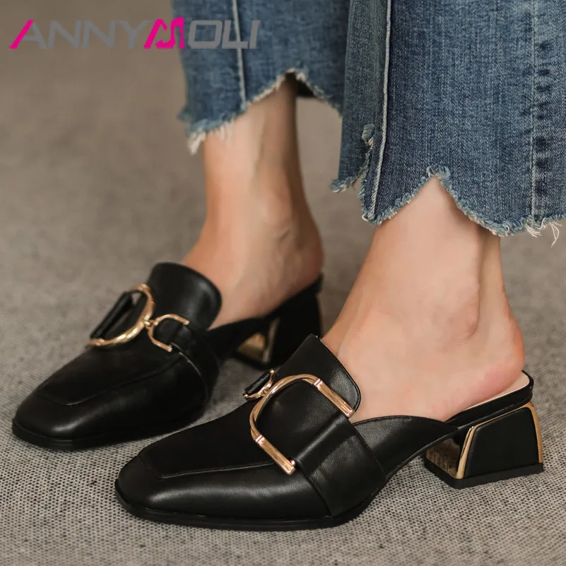 

ANNYMOLI Woman Mules Shoes Real Leather High Heels Metal Decoration Thick Heel Footwear Square Toe Lady Pumps Beige Black 33-40