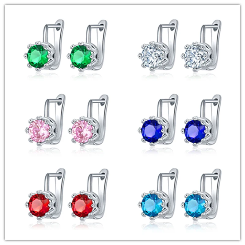 

Exquisite Silver Jewelry Earrings for Women Luxury 8 Claw Round Inlaid Crystal Zircon Perforated Ear Studs Wedding Banquet Gifts