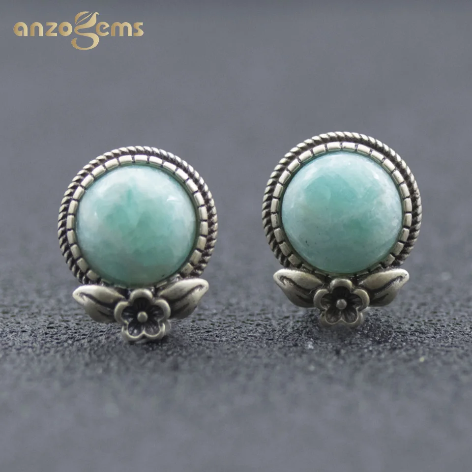Женские серьги гвоздики с натуральным амазонитом Anzogems из стерлингового серебра
