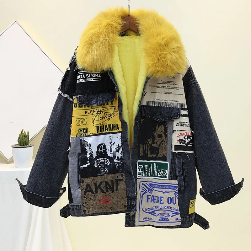 

SeeBeautiful печатных нерегулярные большой Размеры бархатные джинсовые брюки широкого покроя с толстые куртки пальто с меховым воротником новая...