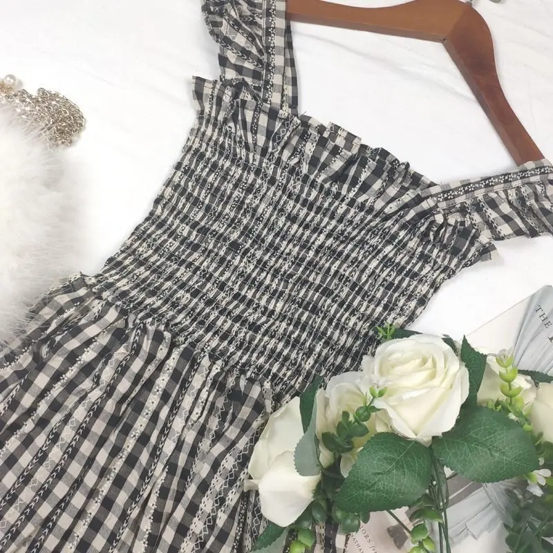 

Women Summer Ruffles Plaid A-Line Preated Tank Dress Sleeveless Holiday Beach Boho Sundress Vestidos