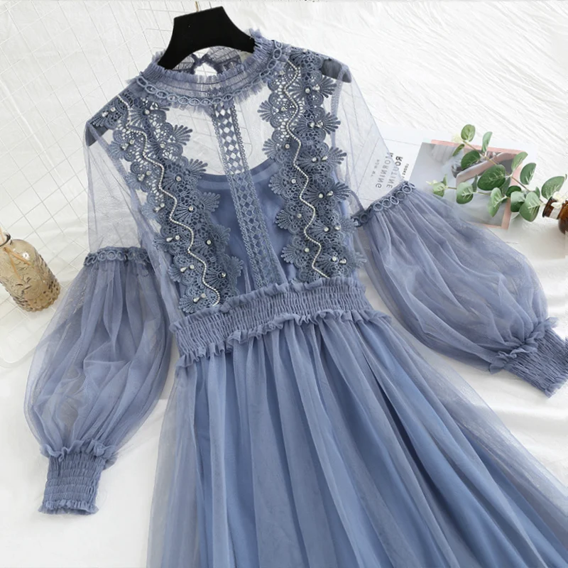 2019 осеннее женское элегантное кружевное платье с рукавами фонариками вечерние