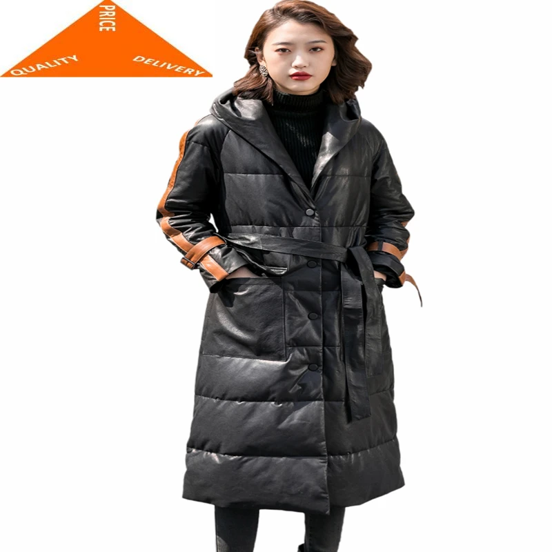 

Brand Winter 2020 Real Leather Women Thick Warm Duck Down Jacket Hooded Ladies Streetwear Sheepskin Coat Hiver 992