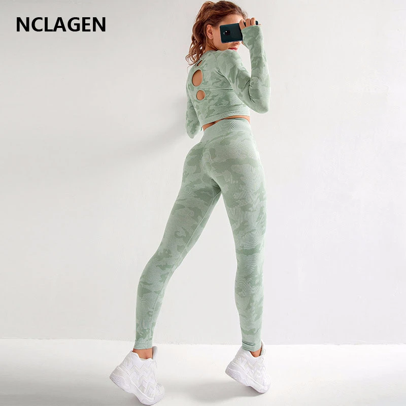 

Sports Wear For Women Gym Yoga Set 2 Piece Fitness Leggings Top Seamless Camouflage Suit High Elastic Workout Sportwear NCLAGEN