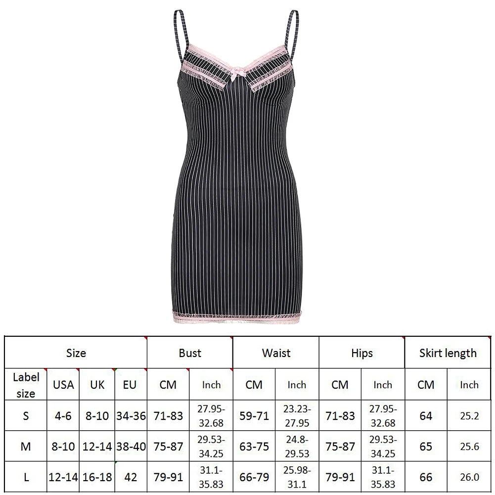 

Mall Goth Unif Black Lace Trim Y2K Dress Women Striped V Neck Sexy Mini Dresses Dark Academia Aesthetic 90s Cute Kawaii Clothes