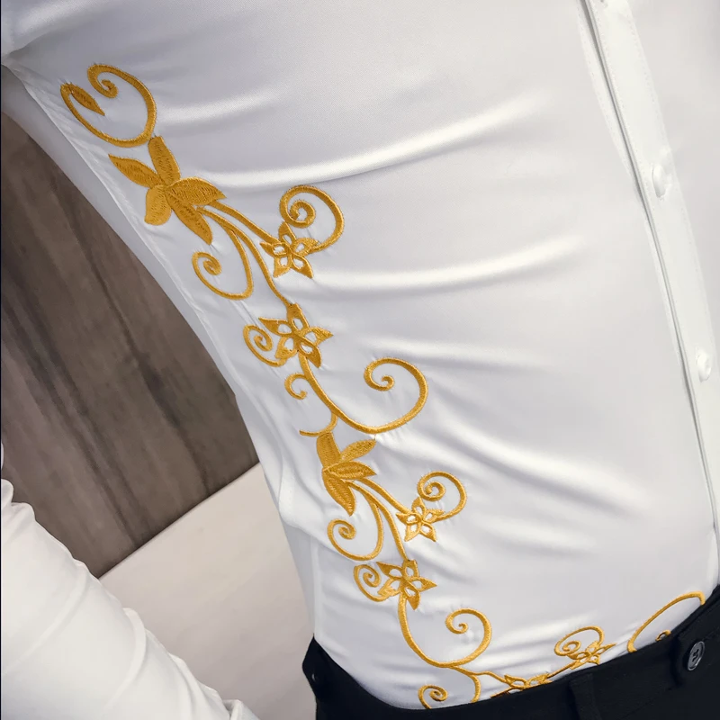 Рубашка мужская с вышивкой модная облегающая длинными рукавами деловая уличная