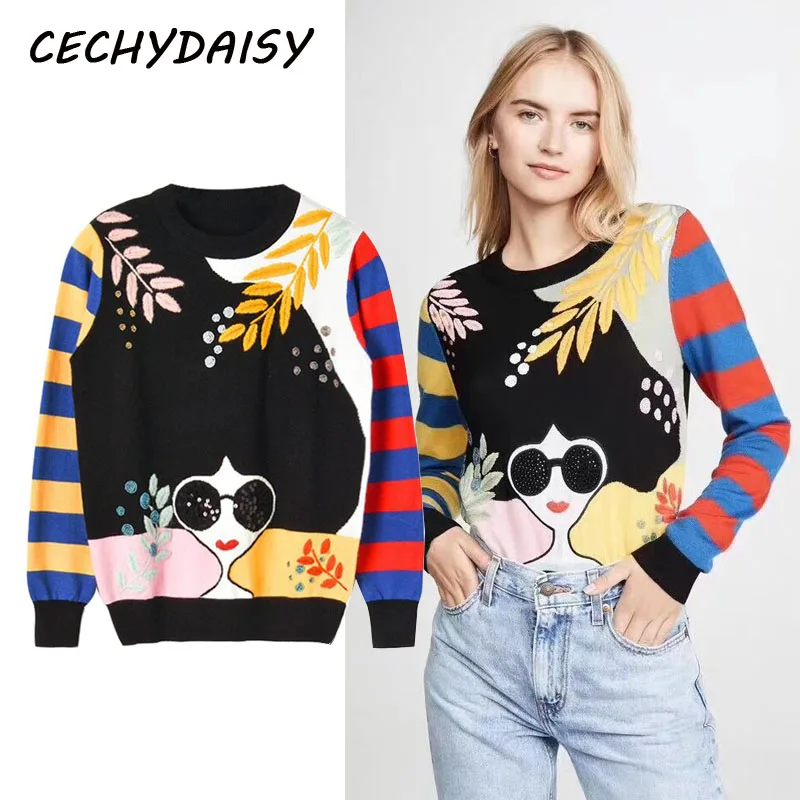 Женский трикотажный свитер с вышивкой теплый Повседневный пуловер блестками