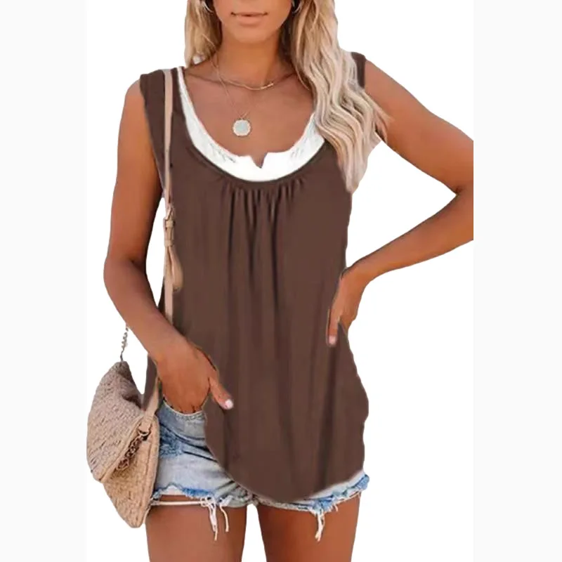 

Women's Fashion Top Solid Color Stitching Sleeveless Pleated Vest T-Shirt Summer Loose Plus Size Tank Tops