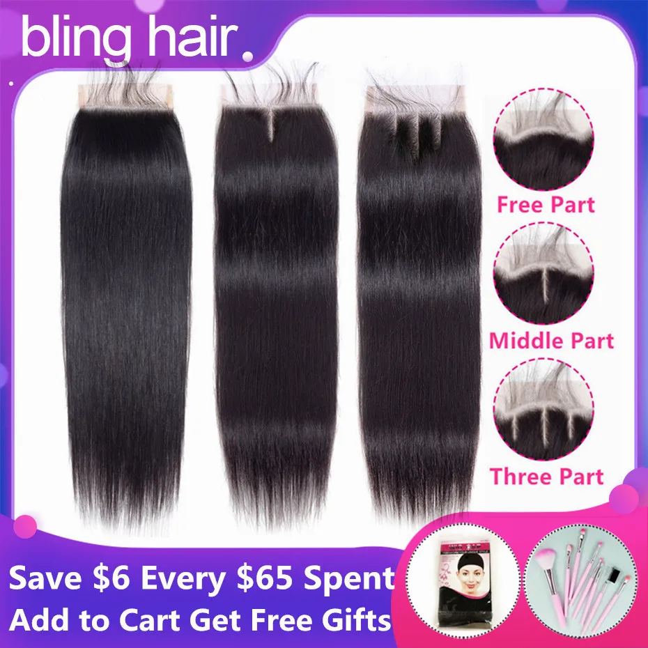 Bling Hair 4x4 бразильские прямые человеческие волосы бесплатно/средняя/три части Remy кружева Закрытие 8-22 дюйма натуральный цвет