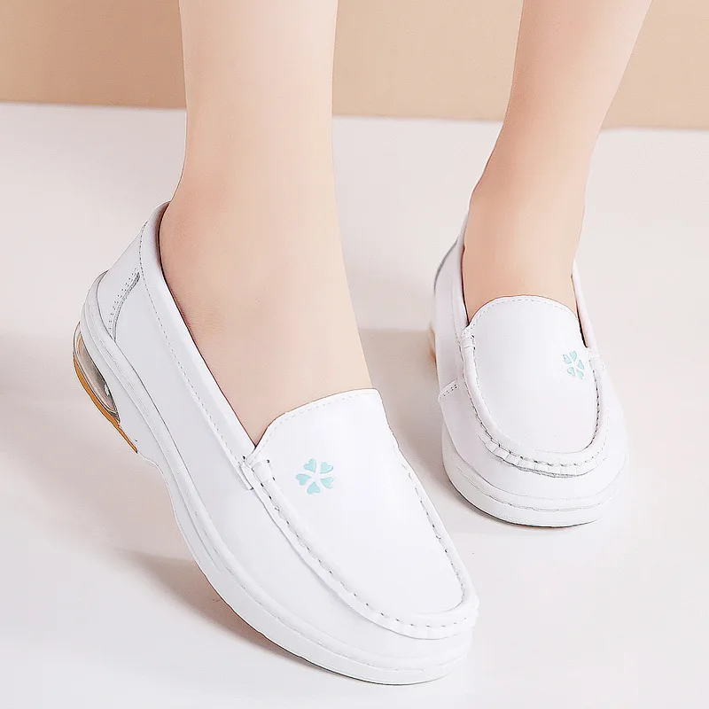 Real Leather New Nurse Shoes White Women Work Wedge Flats Attendance Doctor Comfortable Soft Cushion Anti-Slip Hospital Standing