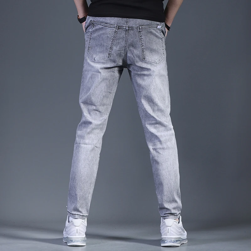

2021 Casual Men Gray Baggy Jeans Korean Style Drawstring Straight Pants Streetwear Loose Denim Trousers
