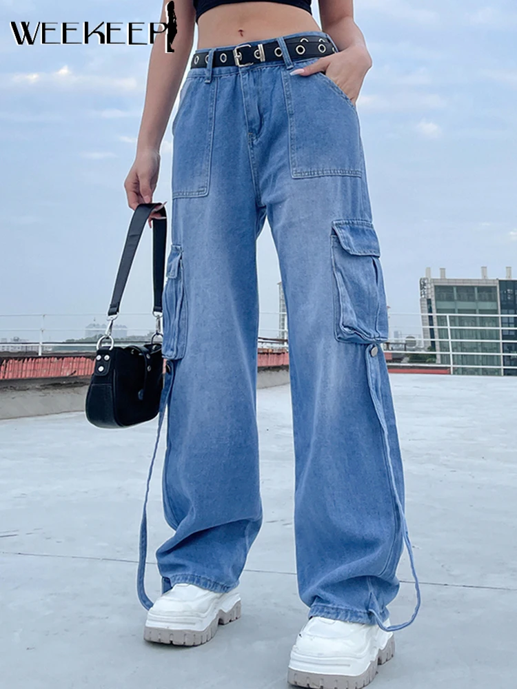 

Weekeep Jeans Women Big Pocket Patchwork Vintage Denim Cargo Pants Full Length High Waist Baggy Straight Jeans Streetwear Grunge