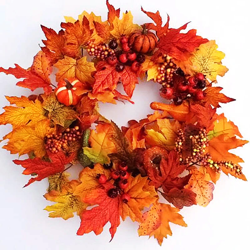 

Кленовый венок с тыквой, Осенний праздничный венок, дверной подвесной домашний декор, ягоды, клен листья ротанга, украшение для дома, подарки на день благодарения