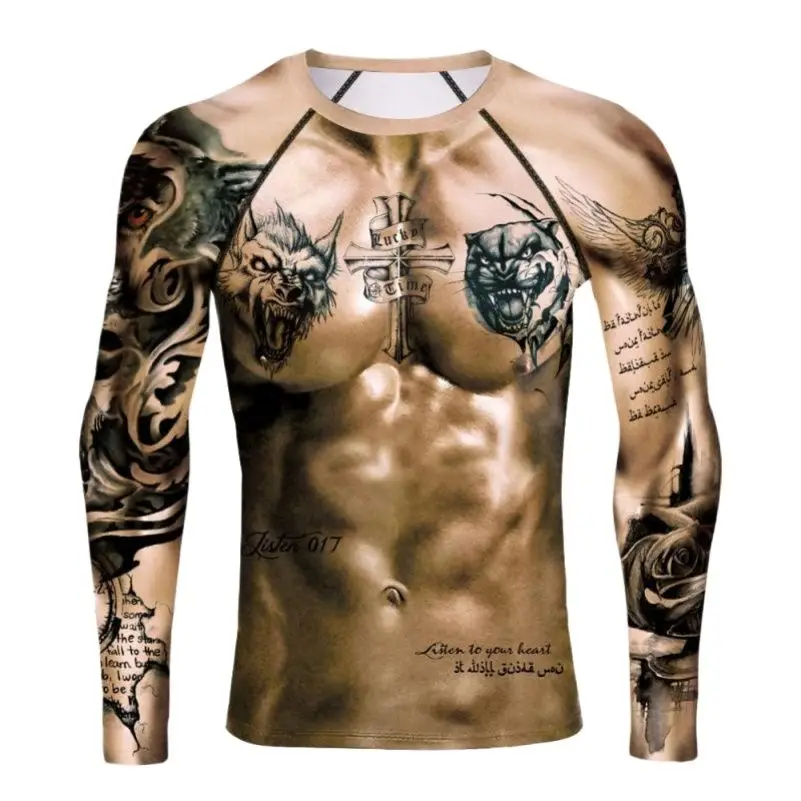 2022 3d Man's Long Muscle Shirt Tops Nude Tattoo Printed Chest Muscle Funny Fitness T Long Spring Summer O-neck Tight 5xl