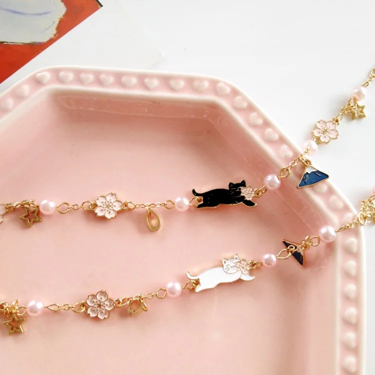 Japanese Style Fashion Girl's Funny Cute Cat Bracelets Pearls Charm Drop Oil Mount Fuji Flower for Female Kids Girls | Украшения и