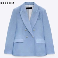 new 2021 za blazer women fashion temperament double breasted coat vintage long sleeve pockets jackets ladies office blazer