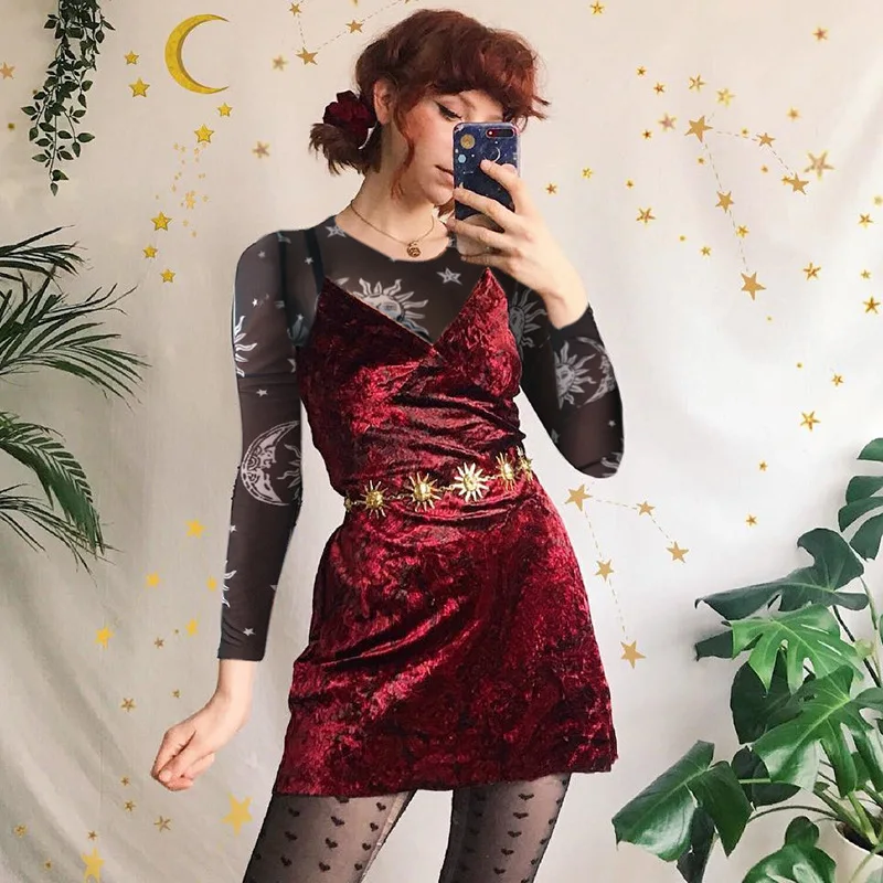 

2020 Women Sexy Harajuku Mesh Tops Long Sleeve See Through T Shirt Transparent Sun Moon Star Print T-shirt Femininas Clubwear
