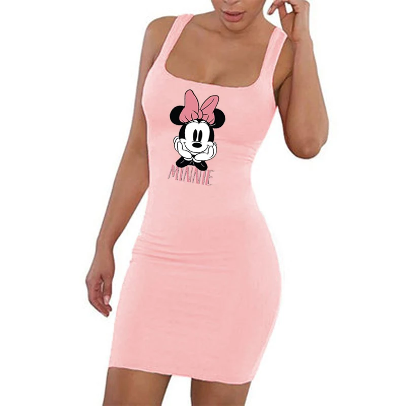 

Disney Women Dresses 2021 Wide Shoulder Strap Sling Bodycon Sexy Dress Minnie Mouse Printed Slim Robe Femme Club Vestidos Kawaii