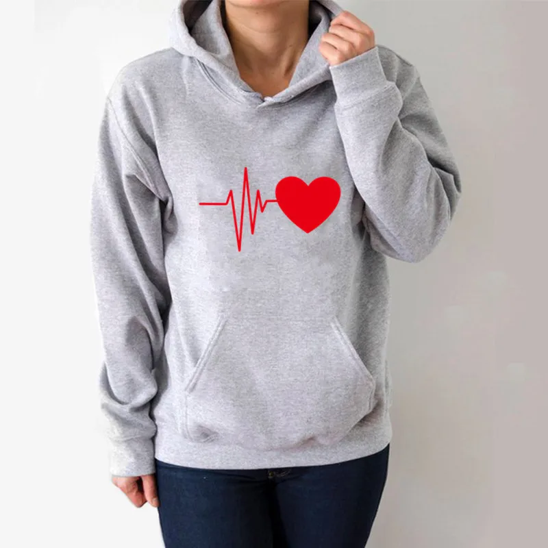 

Heartbeat Heart Printed Hoodies Women Fleece Long Sleeve Loose Sweatshirt with Hat Girls Women Hoodie Pullovers Winter