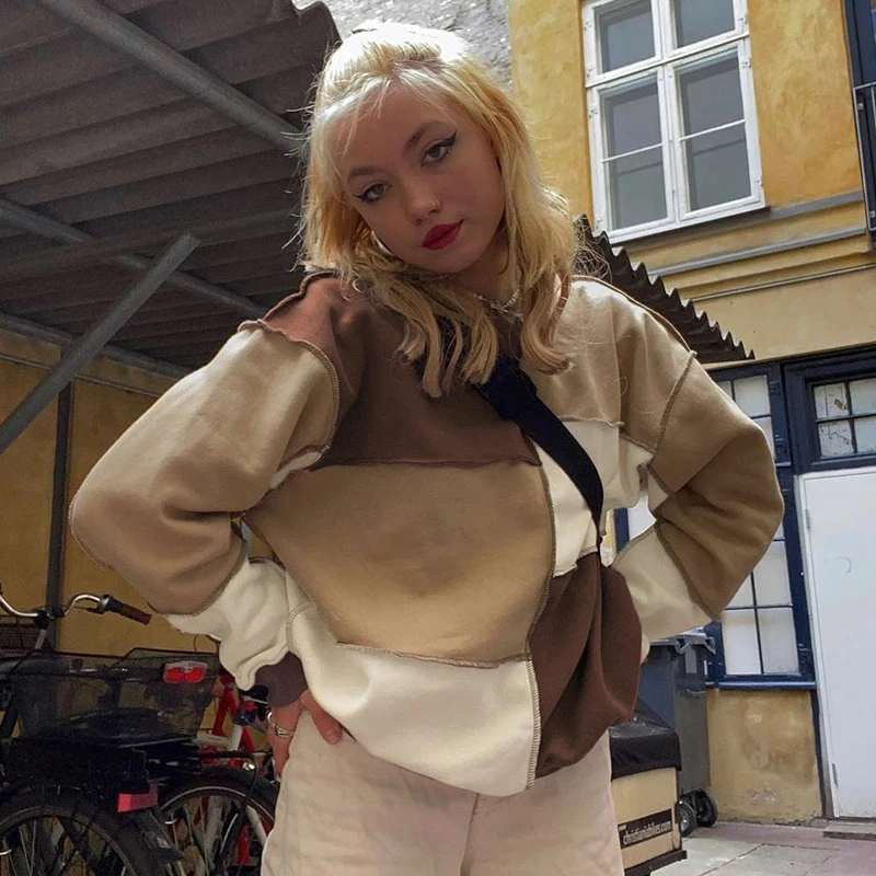 

Streetwear Brown Autumn Sweatshirt Women Tops Vintage Harajuku Patchwork Pullover Contrast Color Y2K Hoodies Clothing