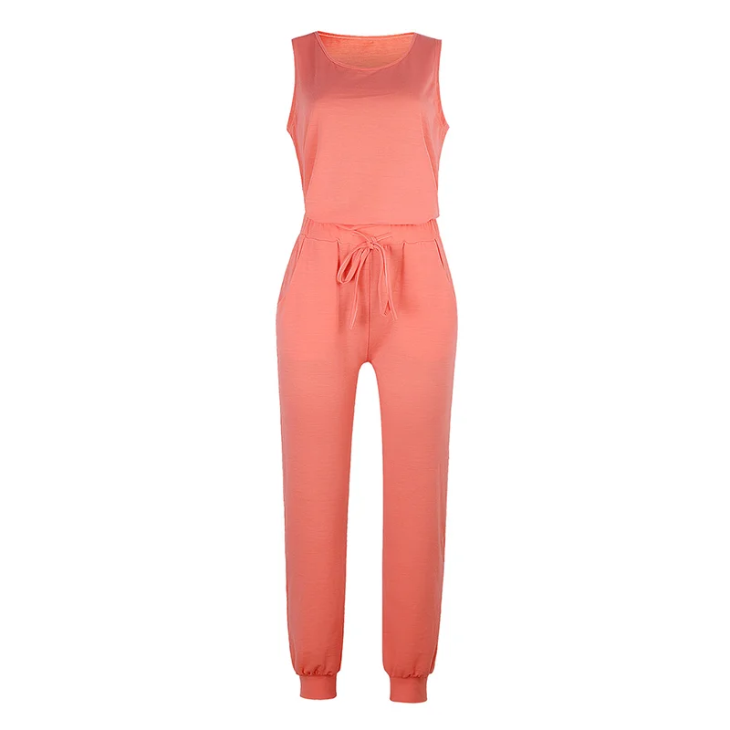

Women's loose pajamas set solid color sleeveless pullover + drawstring trousers casual home wear two-piece suit sportswear