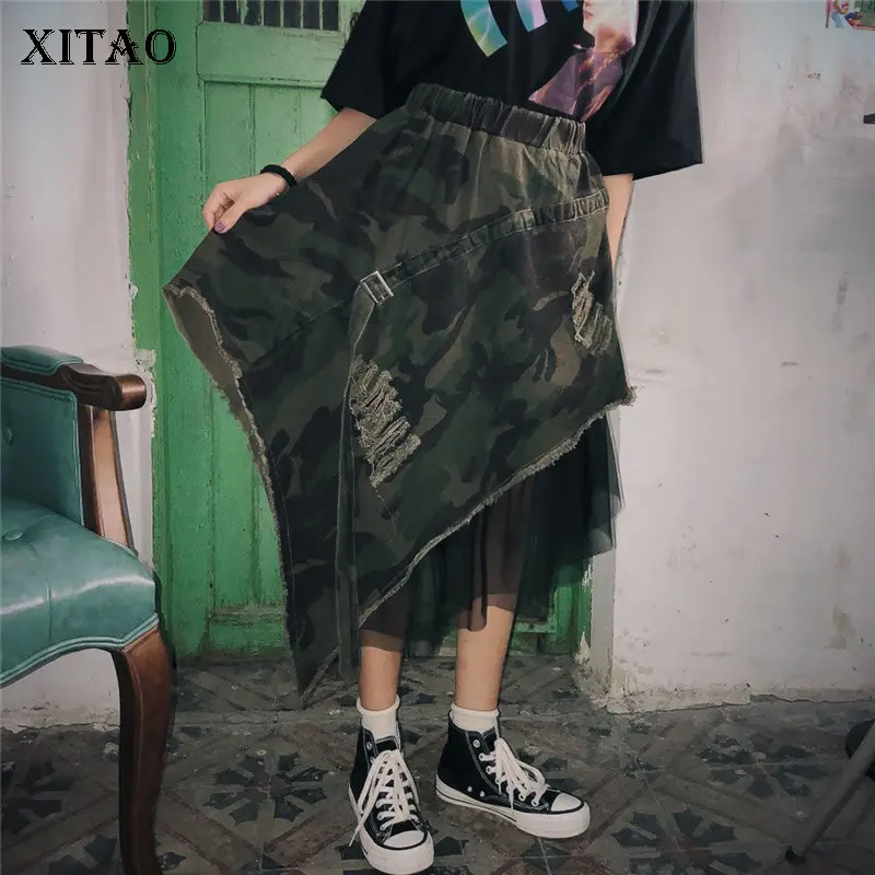 Женская длинная Асимметричная камуфляжная юбка XITAO повседневная сетчатая