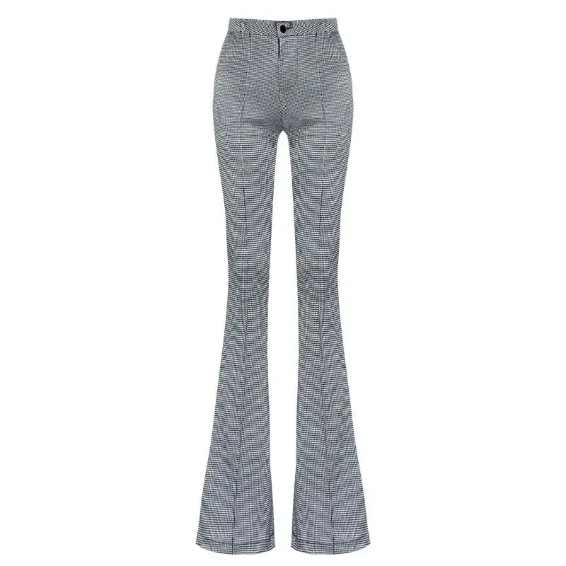 

Flare Pants For Women Elegant Office Wear Plaid Micro Flare Long Pants Ladies Summer Autumn Streetwear Slim High Waist Trousers