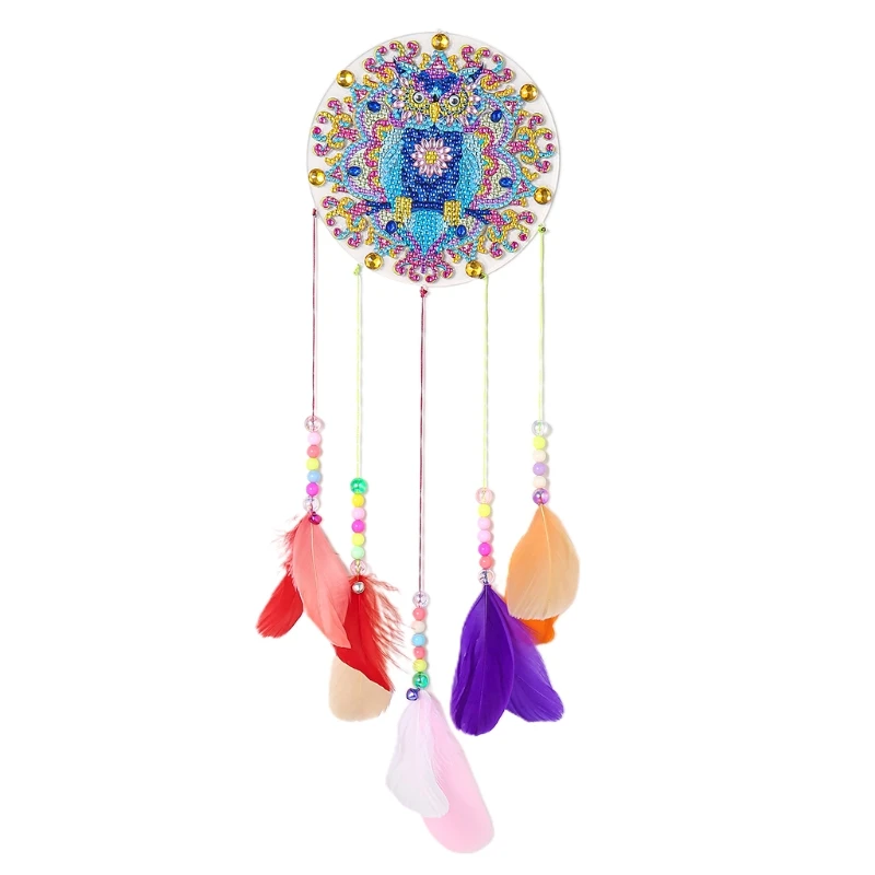 

X37B Ethnic Owl Print Diamond Drawing Wind Chime Hanging Colorful Feather Wind Chimes for Outside Decoration DIY Handicrafts