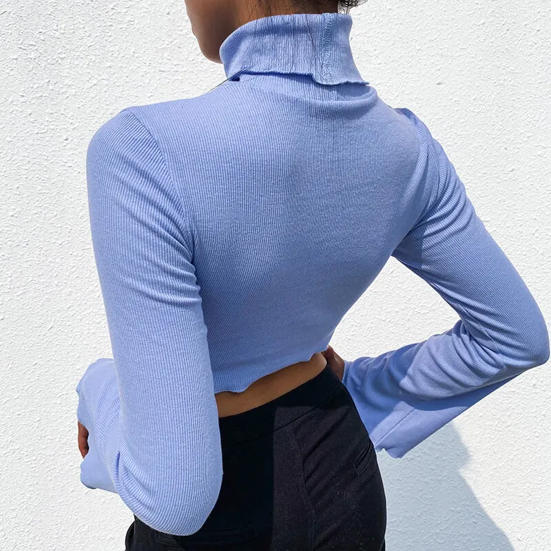 

Cropped Shirt Flare Sleeve Hight Neck Cut Out Sexy Fashion Autumn New Elastic Slim Women Knitted Tee Shirt Gothic Y2K#