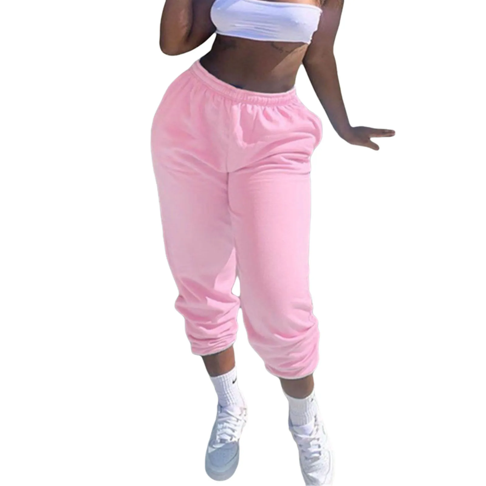 

Women Pants Casual Solid Color Jogger Pants Female Tracksuit Elastic High Waist Ladies Sweatpants Pocket Loose Baggy Trousers