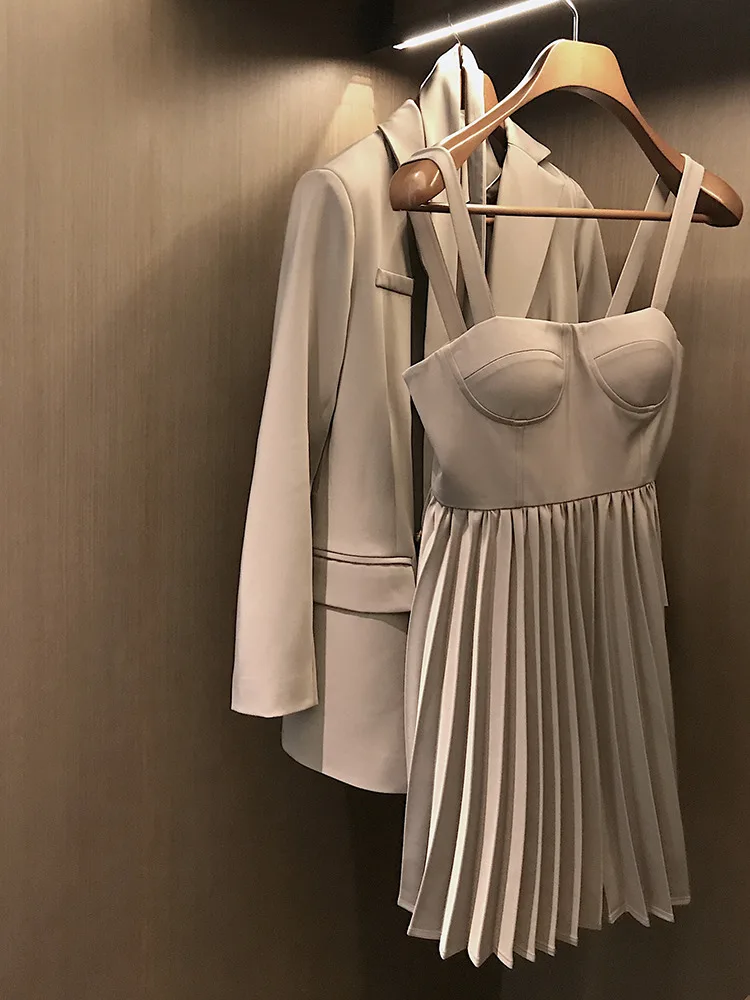 

Blazer & Suits Dress Suits Casual Retro Full Turn Down Collar Jacket + Mini Spaghetti Strap Pleated Dress Women Sexy OL Korean