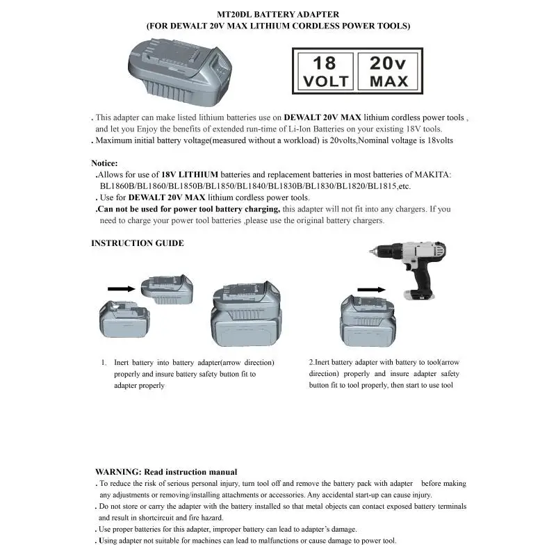 

Mt20Dl Battery Adapter For Makita 18V Bl1830 Bl1860 Bl1815 Li-Ion Battery For Dewalt 18V 20V Dcb200 Li-Ion Battery