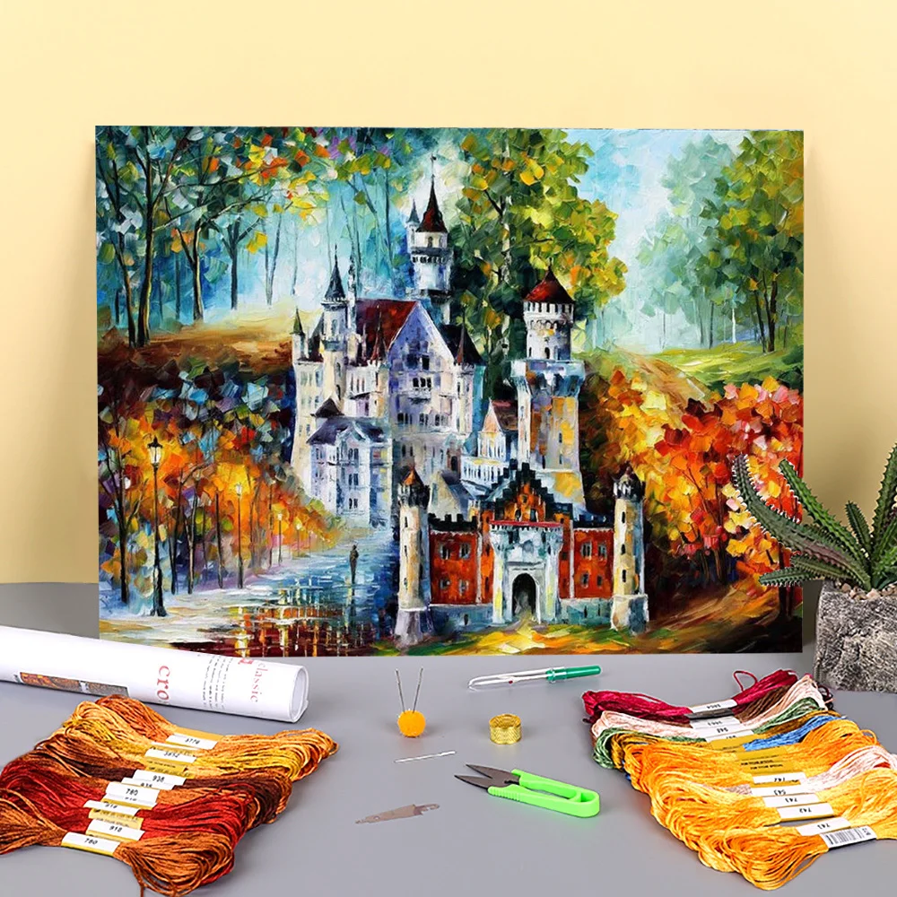 Картина маслом Стиль замок с предварительно нанесенными надписями 11CT Крестик