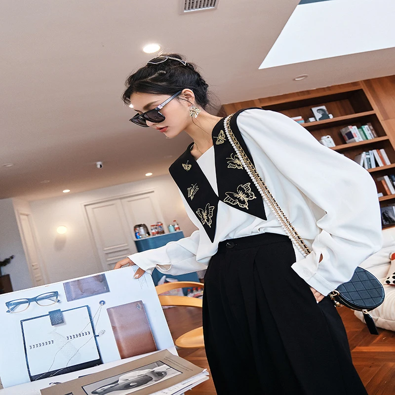 

SHENGPALAE Temperament Butterfly Embroidery Blouse Women's Spring 2021 New Lapel Loose Long Sleeve Contrast Color Shirt 5C133