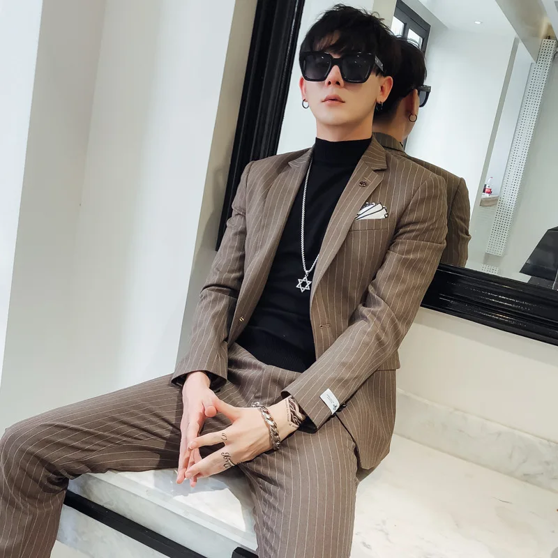 

Весна 2021, мужской костюм, корейское приталенное платье лучшего мужчины в полоску, костюм из двух предметов