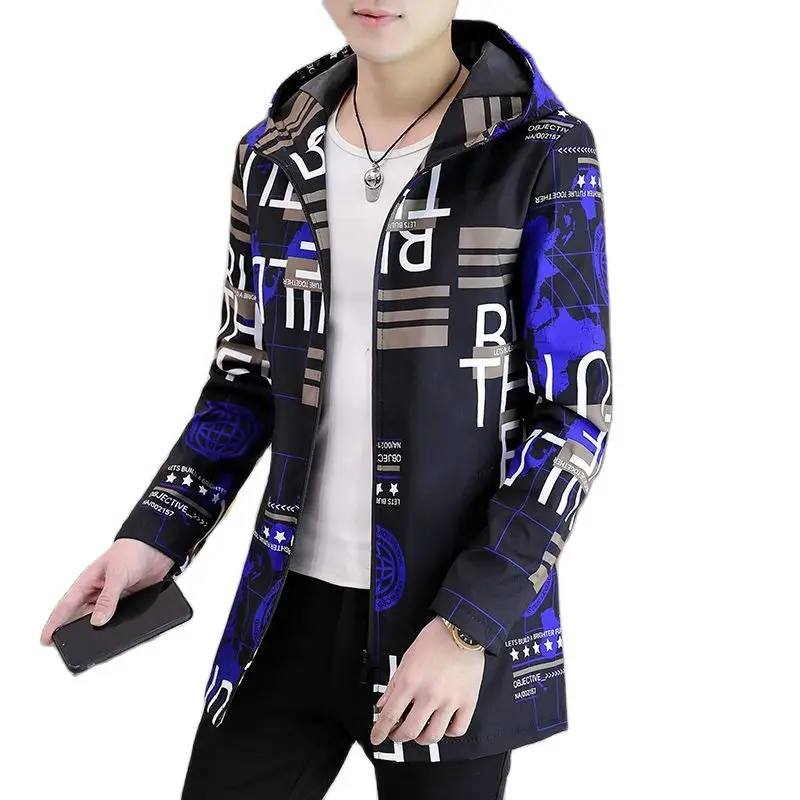

2021 men's fashion windbreaker spring and autumn new loose plus size hooded long printed handsome Joker coat