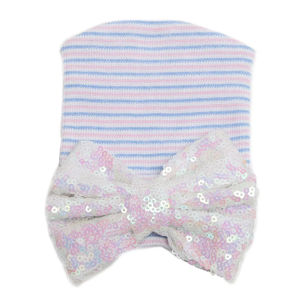 

Newest Newborn Baby Girls Infant Stripe Sequined Bowknot Beanie Hat Knit Hospital Autumn Caps