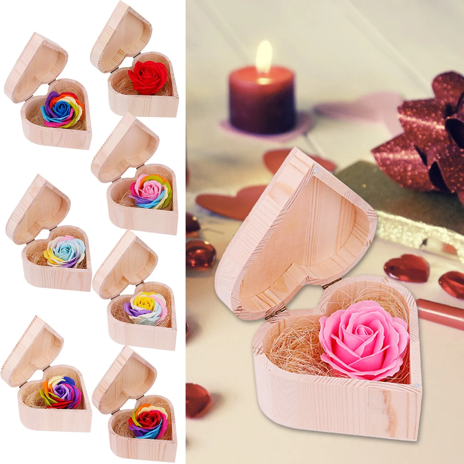 

Colorful Soap Rose Flower Wedding Festival Decoration Heart Shaped Wooden Box Valentine's Day Gifts For Wife Girlfriend A40