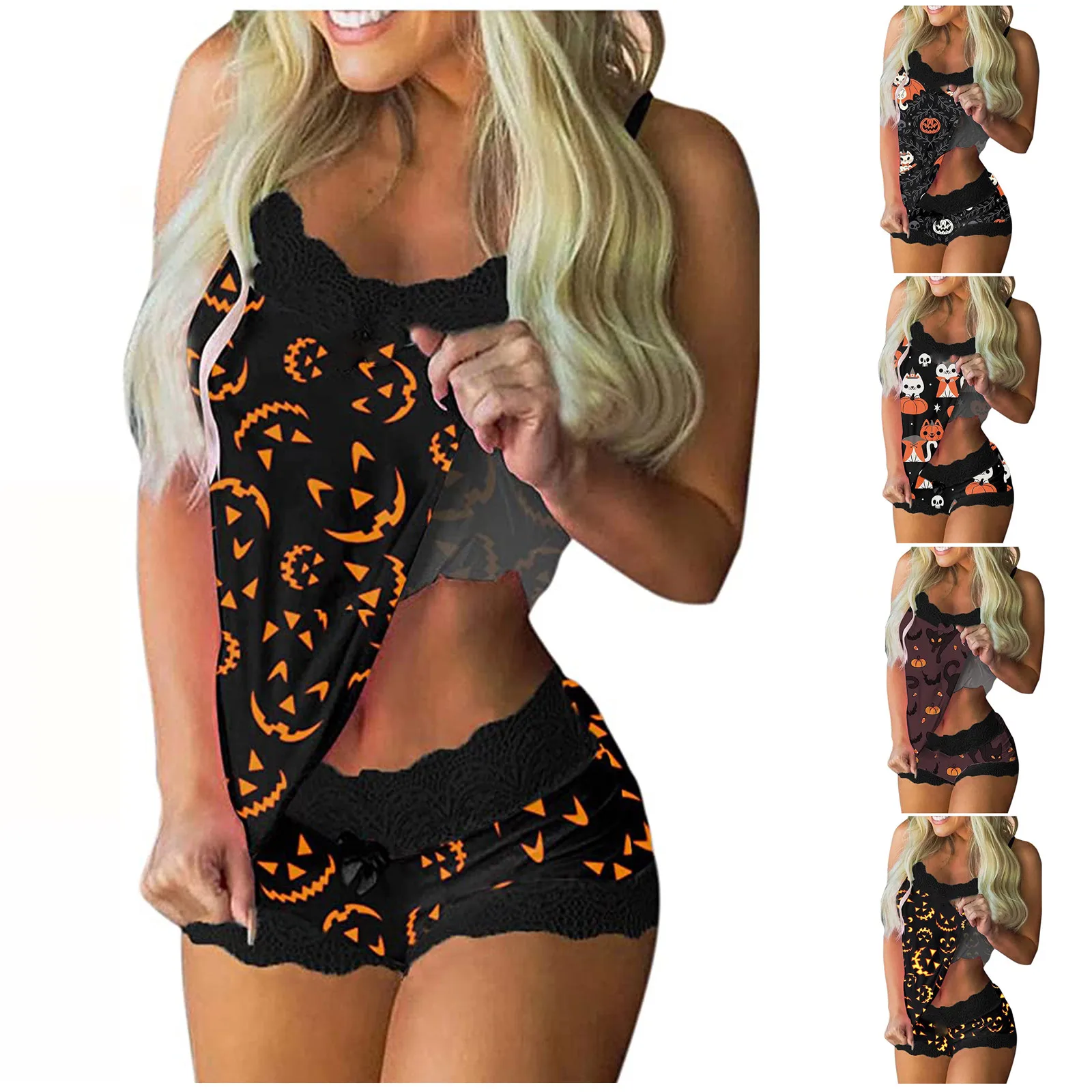

Nightwear Women Pajama Sexy Women Halloween Ghost Print Pajamas Sleeveless Lace Cami Shorts Lingerie Sleepwear Set Femme Пижама