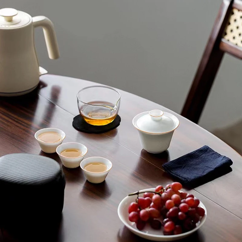 

TANGPIN White Ceramic Gaiwan with 3 Cups Portable Travel Tea Set