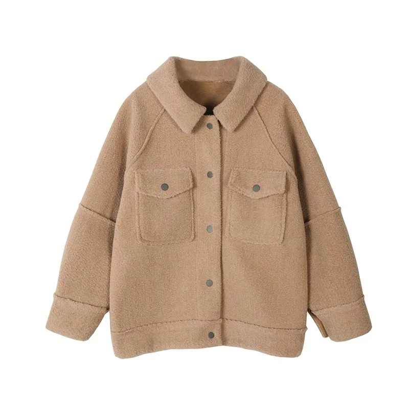 

2021 early spring anti sheepskin coat female new loose plush coat shirt jacket