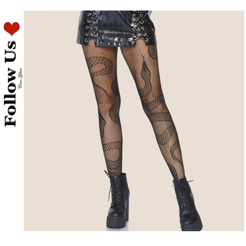 

Gothic Snake Pattern Fishnet Stockings Women Harajuku Black Lace Leggings Stockings Sexy Goth Tights Over The Knee Tights Woman