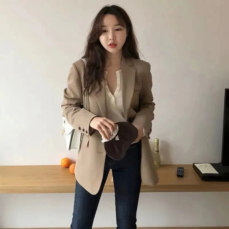 

Корейские модные свободные женские блейзеры с v-образным вырезом, однобортные однотонные винтажные пиджаки, повседневные женские дикие тренды, верхняя одежда
