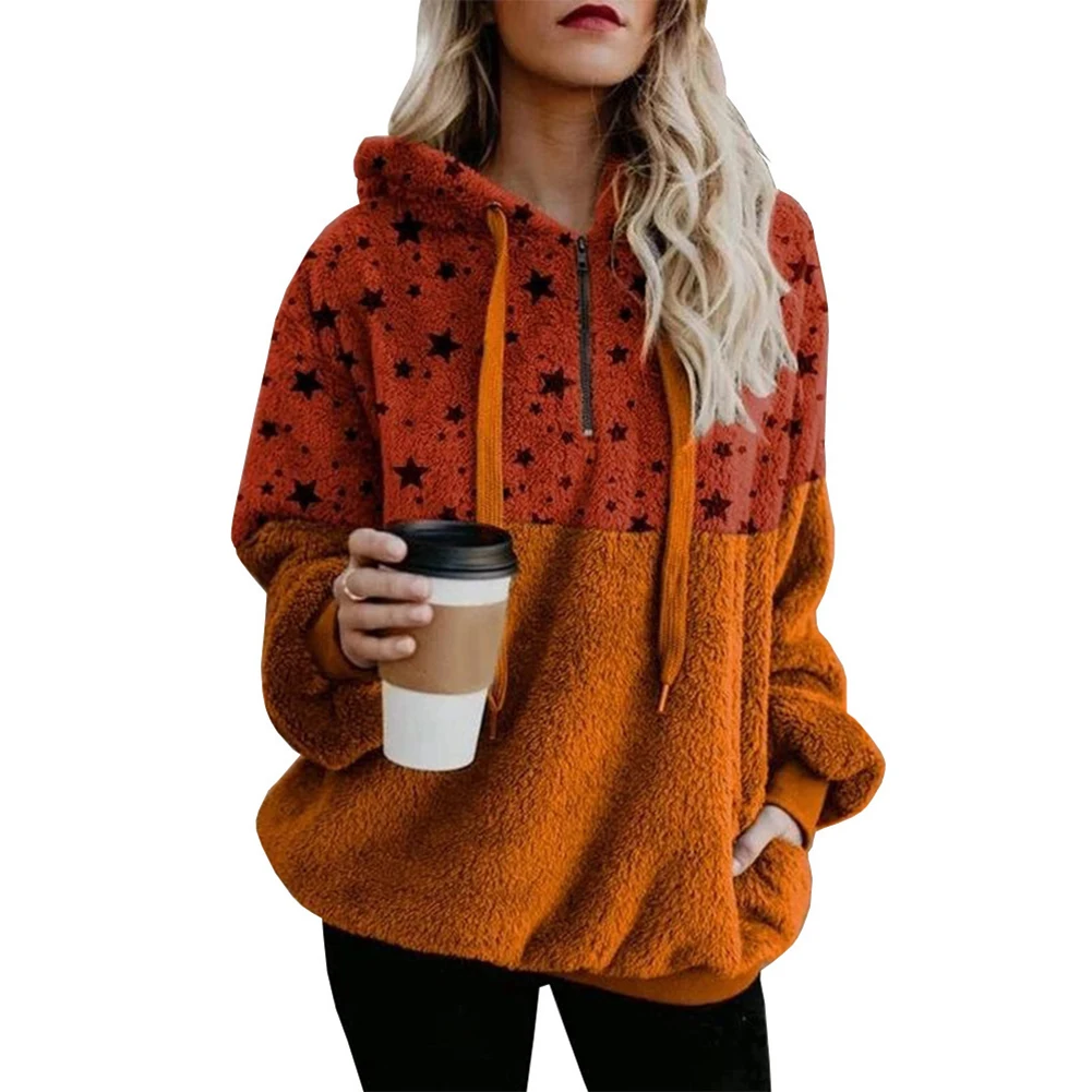 

2020 new Fashion Women Autumn Winter Zipper Pullover Star Printed Pocket Warm Coat Drawstring Top Women Jacket