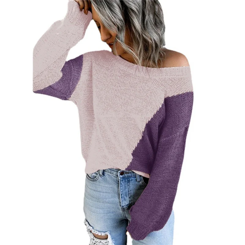

Knit Sweater Women Autumn And Winter 2021 New Irregular Color Matching Off-Shoulder Long-Sleeved Hedging Fashion Clothes T241