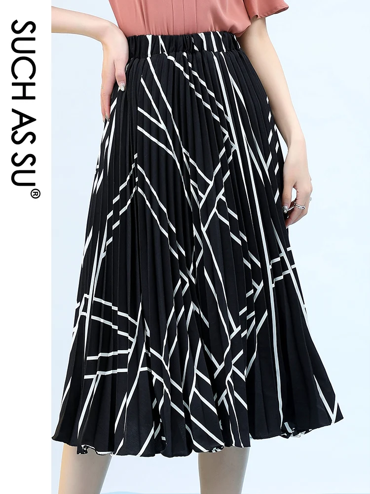 

New Chiffon Pleated Women'S Summer Skirts 2021 Black White Skirt Elastic High Waist Striped Single Code Mid-Long Skirt Female